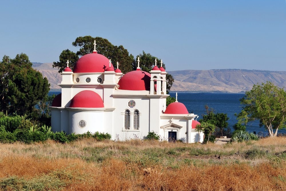 The Greek Orthodox church of the Twelve Apostles, located on the northwestern shore of the Sea of Galilee on the site of ancient Capernaum.